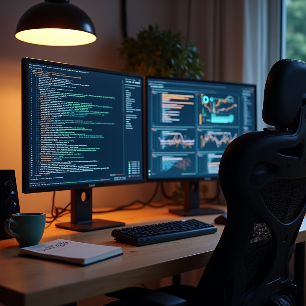 Data analyst at a workstation examining detailed API trace data and distributed system logs across dual monitors