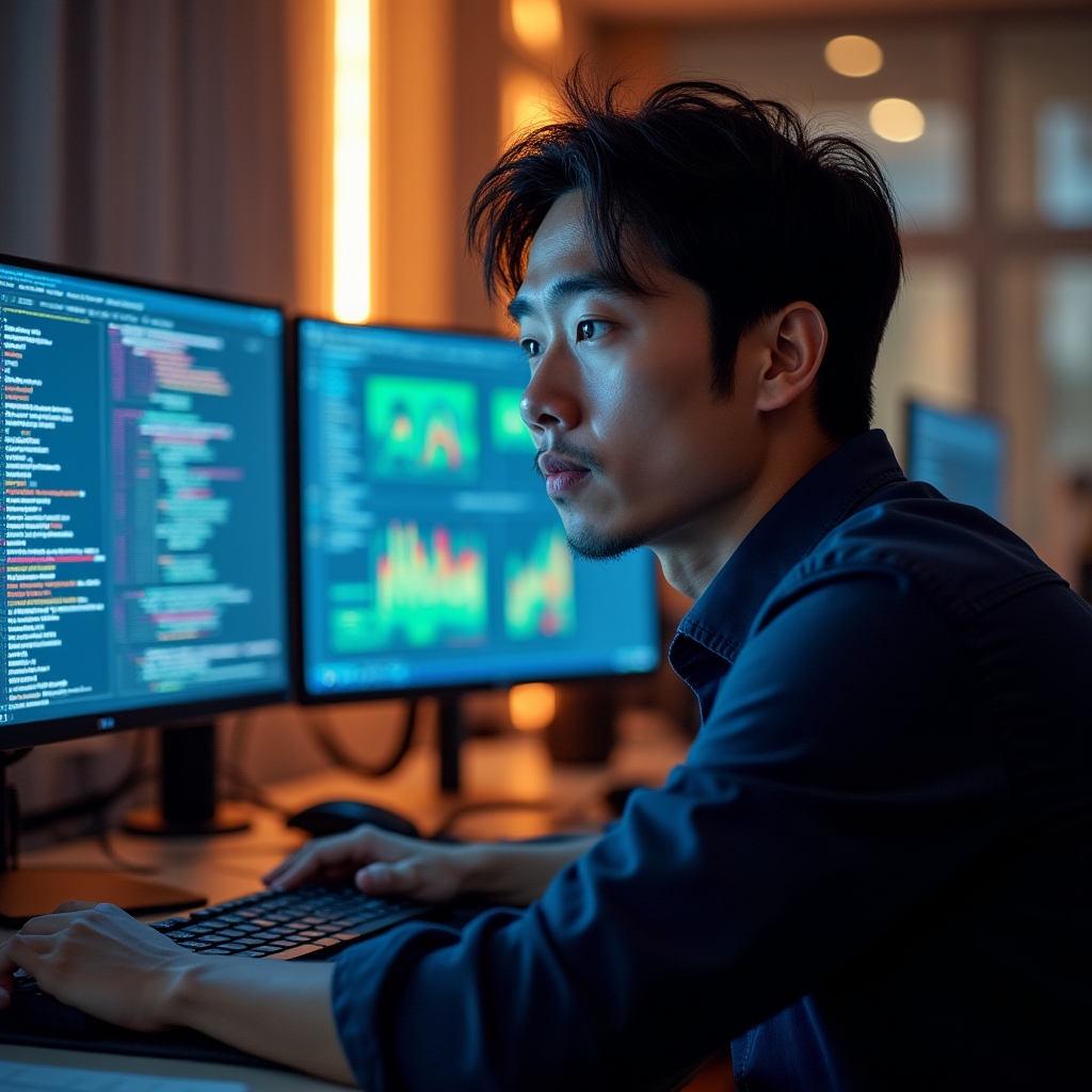 Engineer reviewing API logs and performance traces on multiple monitors