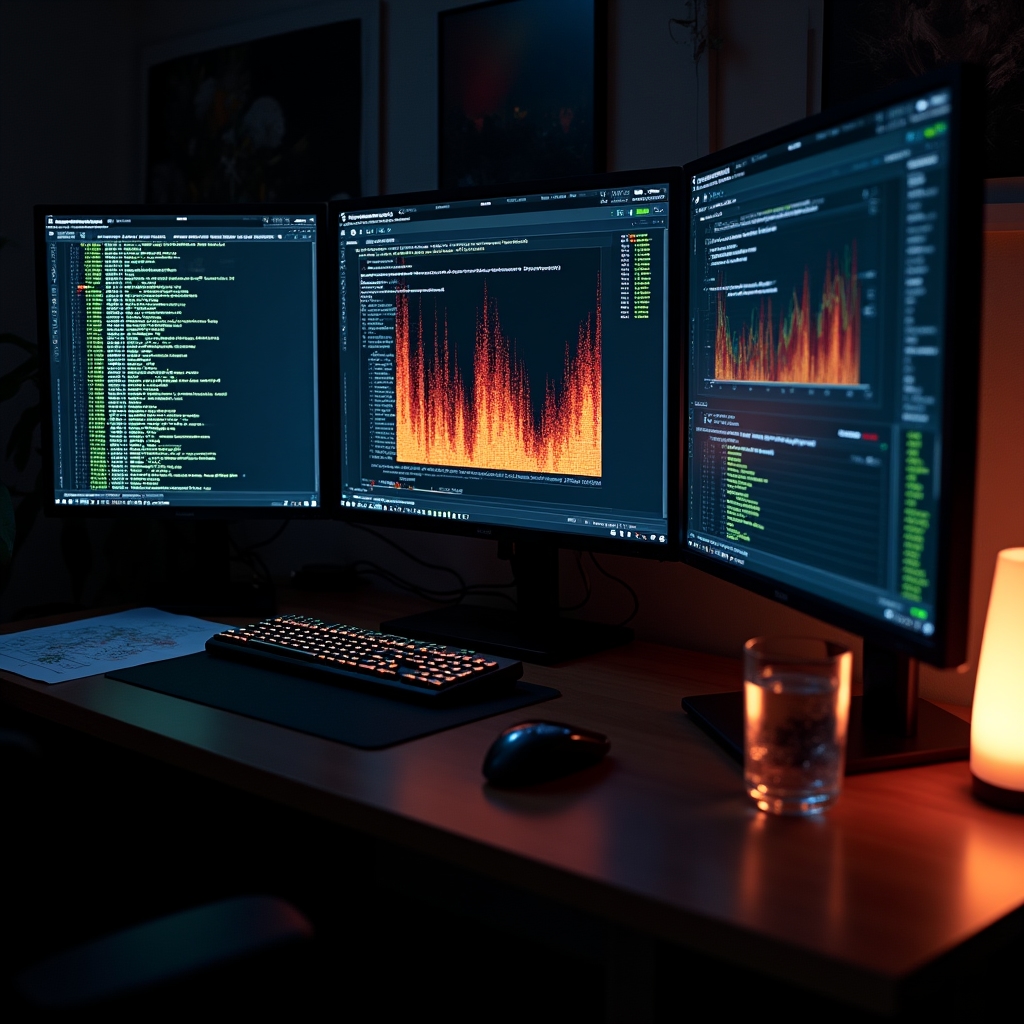 Engineer performing deep log analysis with multiple terminal windows and visualization tools showing API request patterns