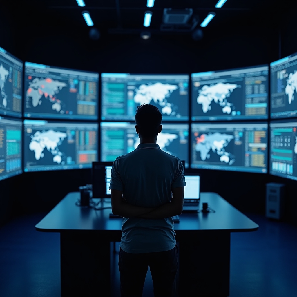 Server infrastructure monitoring station with real-time health dashboards and alert systems visible