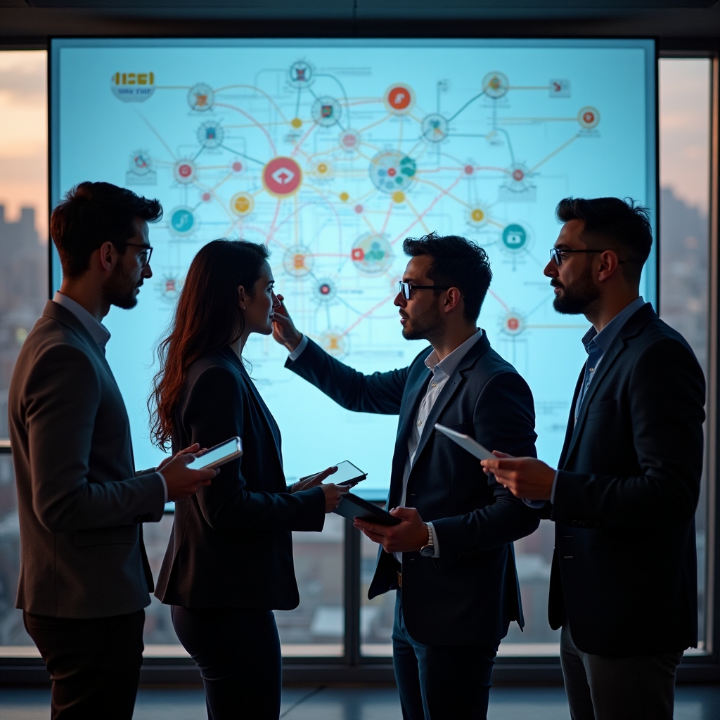 Technical team analyzing API architecture diagrams and system topology maps
