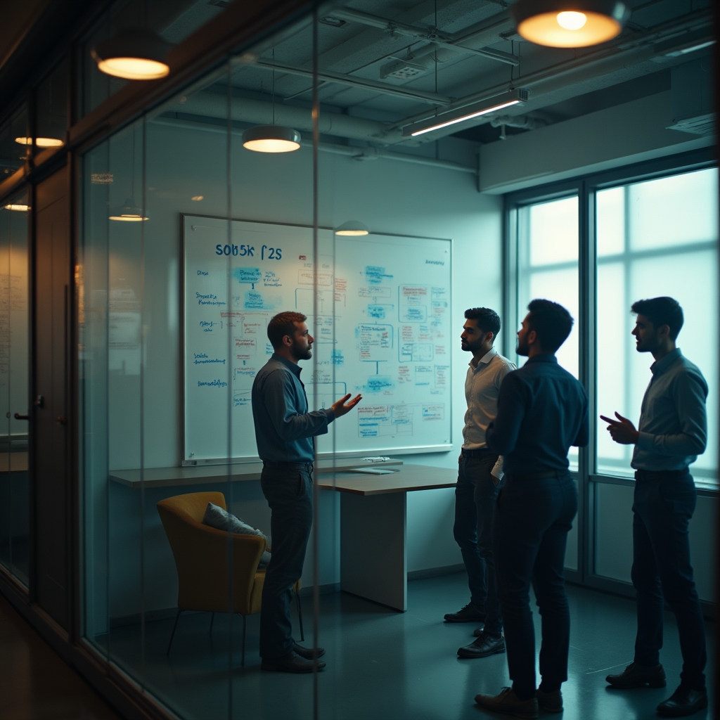 Engineers in technical discussion around a whiteboard covered in API flow diagrams and system architecture notes